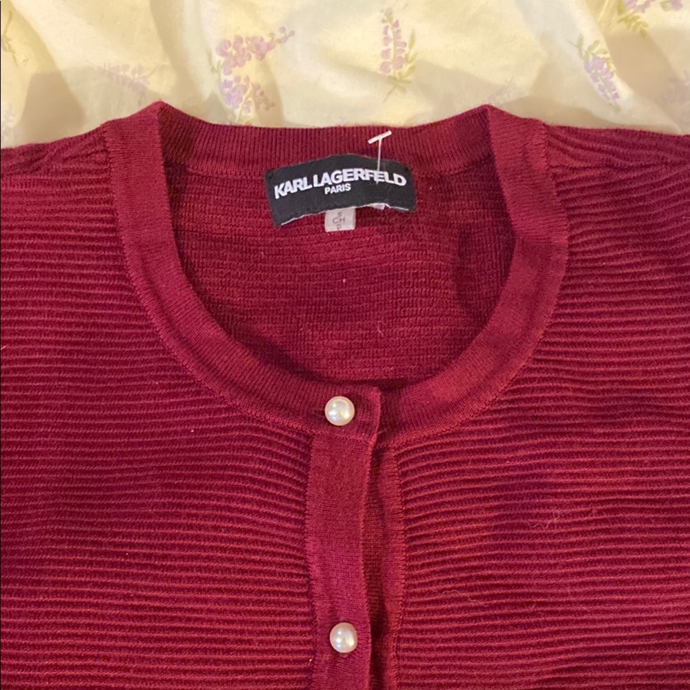 Karl Lagerfeld Red Cardigan Sweater with Ribbed Texture